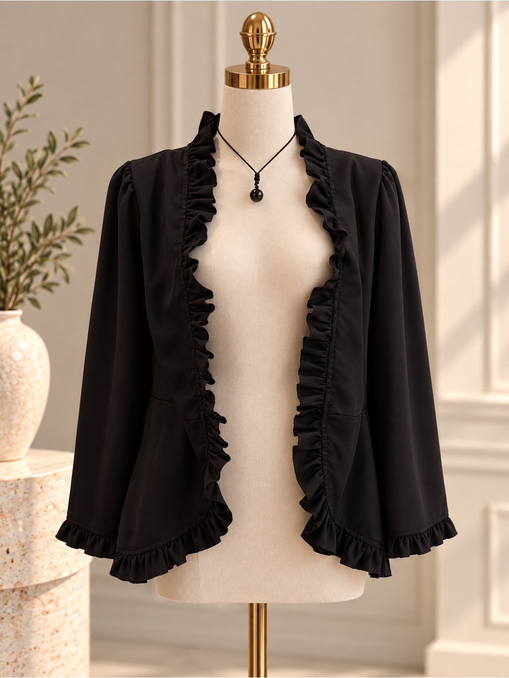 SHEIN Black Ruffle Trim Open Front Blazer